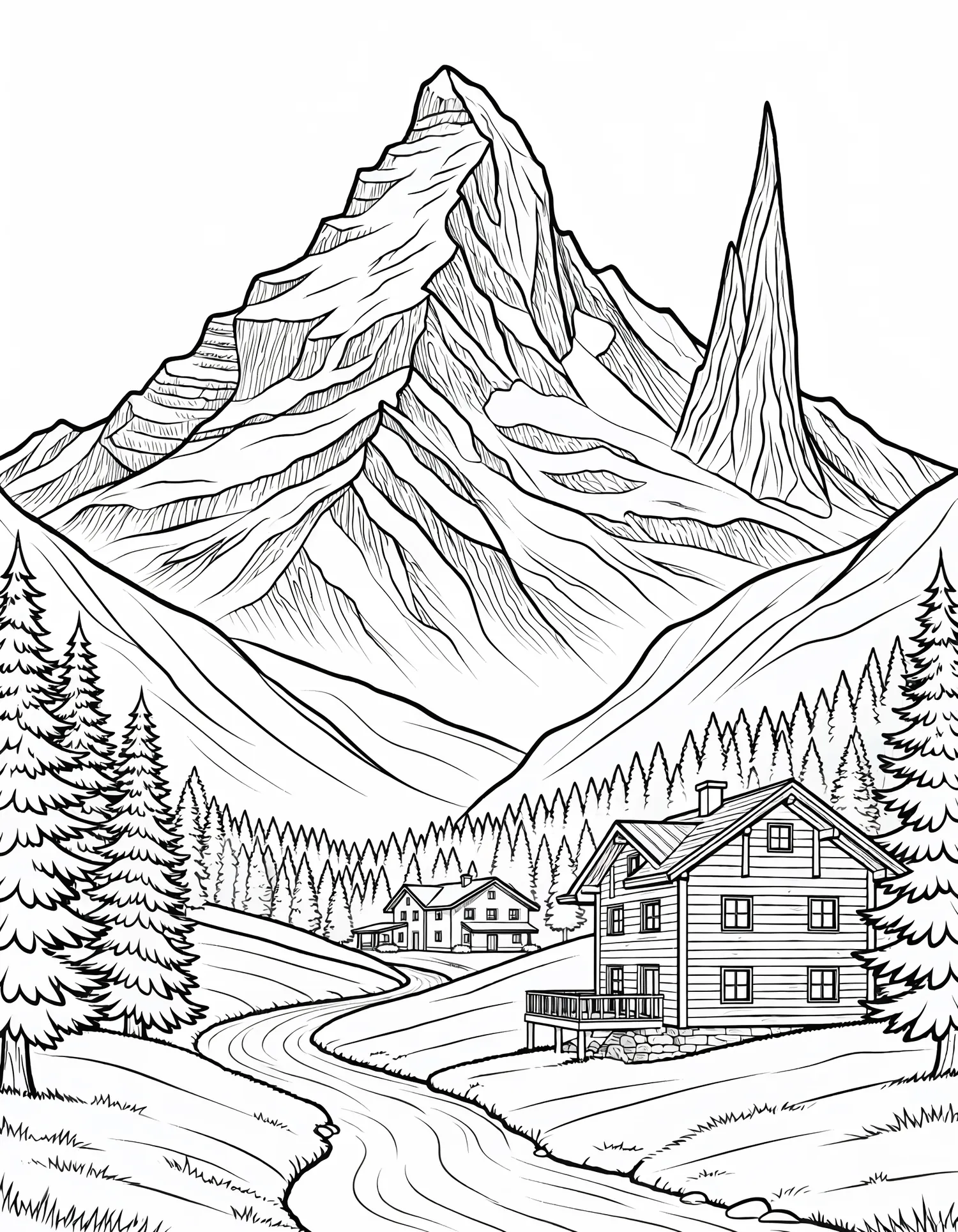 Massif Enneigé depuis la Vallée Alpine — Coloriage paysage à imprimer gratuitement